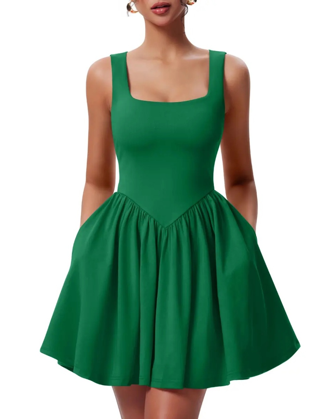 Green sleeveless flared mini dress with square neckline